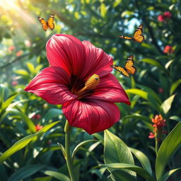 A beautifully detailed and vibrant depiction of an exotic flower blooming in a lush garden