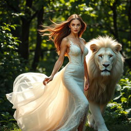 A stunningly beautiful woman elegantly dressed in a flowing, intricate gown, gracefully walking in a lush green forest with sunlight filtering through the leaves