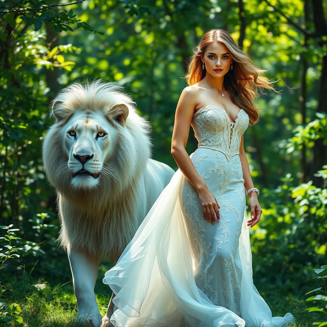 A stunningly beautiful woman elegantly dressed in a flowing, intricate gown, gracefully walking in a lush green forest with sunlight filtering through the leaves