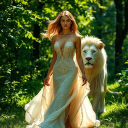 A stunningly beautiful woman elegantly dressed in a flowing, intricate gown, gracefully walking in a lush green forest with sunlight filtering through the leaves