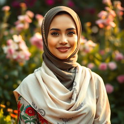 A beautifully adorned woman wearing a stylish hijab, showcasing vibrant patterns and intricate designs