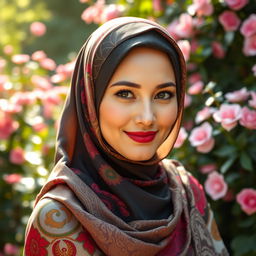 A beautifully adorned woman wearing a stylish hijab, showcasing vibrant patterns and intricate designs