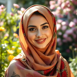 A beautifully adorned woman wearing a stylish hijab, showcasing vibrant patterns and intricate designs
