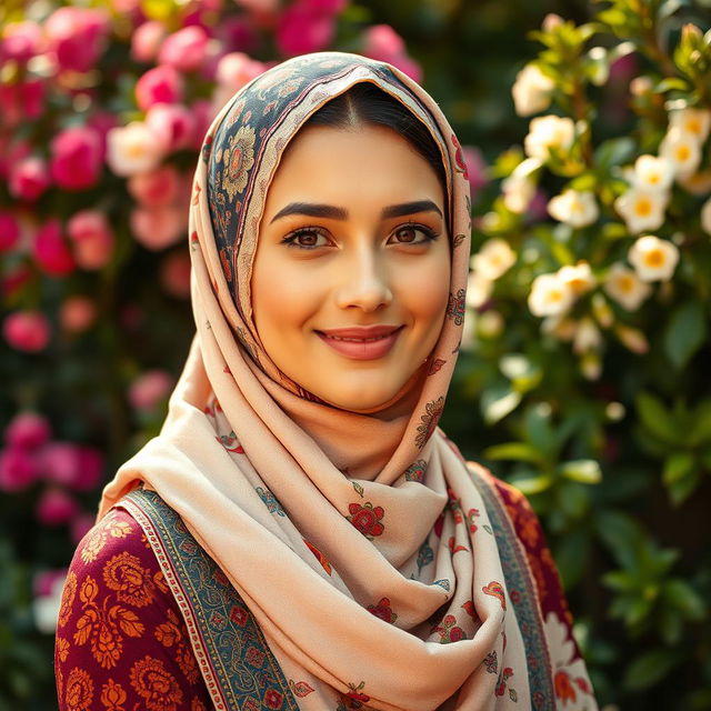 A beautifully adorned woman wearing a stylish hijab, showcasing vibrant patterns and intricate designs