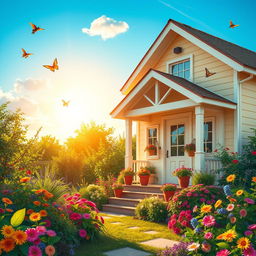 A cozy house basking in the warm sunlight, surrounded by a vibrant garden filled with colorful flowers and lush greenery