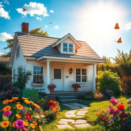 A cozy house basking in the warm sunlight, surrounded by a vibrant garden filled with colorful flowers and lush greenery