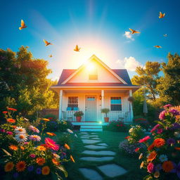 A cozy house basking in the warm sunlight, surrounded by a vibrant garden filled with colorful flowers and lush greenery