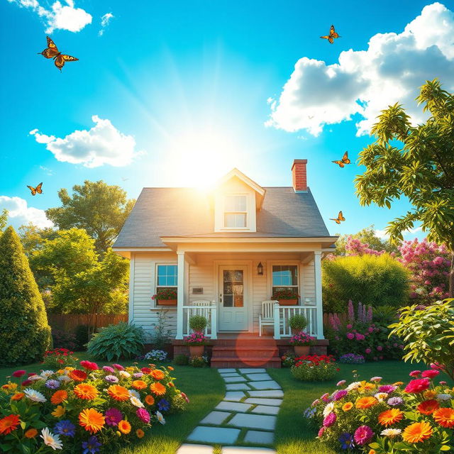 A cozy house basking in the warm sunlight, surrounded by a vibrant garden filled with colorful flowers and lush greenery