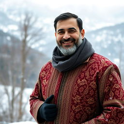 A portrait of a 40-year-old Iranian man in winter, wearing a traditional Persian winter coat adorned with intricate patterns