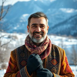 A portrait of a 40-year-old Iranian man in winter, wearing a traditional Persian winter coat adorned with intricate patterns