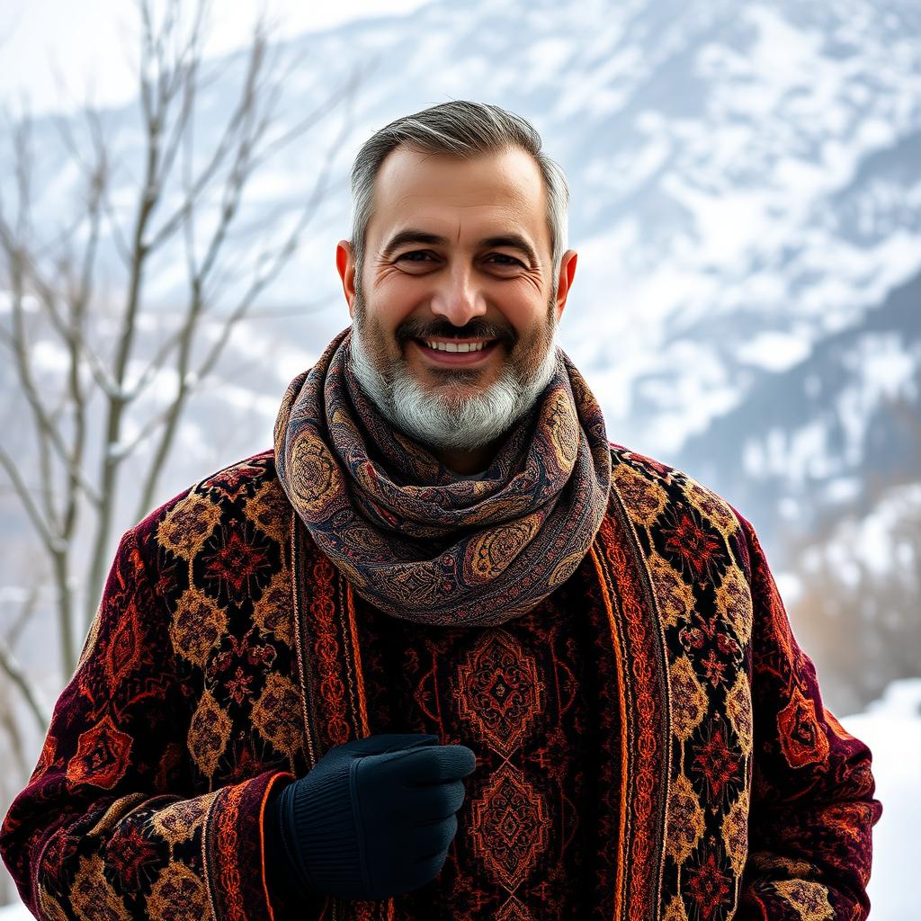 A portrait of a 40-year-old Iranian man in winter, wearing a traditional Persian winter coat adorned with intricate patterns