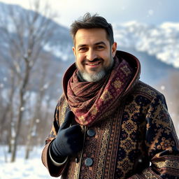 A portrait of a 40-year-old Iranian man in winter, wearing a traditional Persian winter coat adorned with intricate patterns