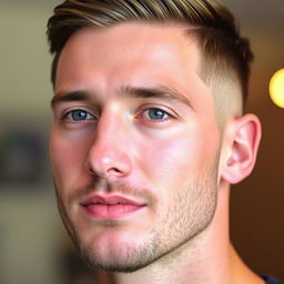A close-up portrait of a stylish man with a low taper fade haircut