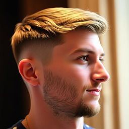 A close-up portrait of a stylish man with a low taper fade haircut