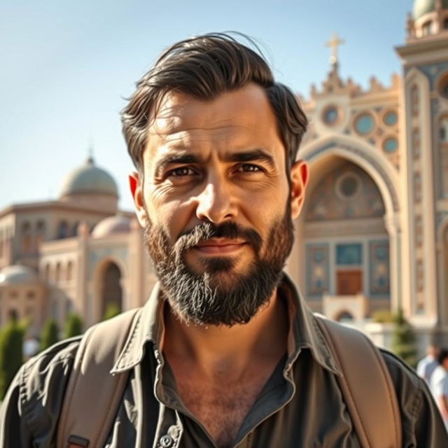 A portrait of a 36-year-old Iranian man in Shiraz, showcasing the beautiful historical architecture of the city in the background