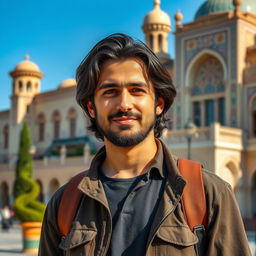 A portrait of a 36-year-old Iranian man in Shiraz, showcasing the beautiful historical architecture of the city in the background