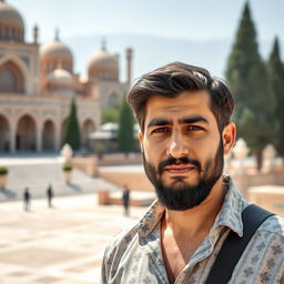 A portrait of a 36-year-old Iranian man in Shiraz, showcasing the beautiful historical architecture of the city in the background