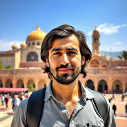 A portrait of a 36-year-old Iranian man in Shiraz, showcasing the beautiful historical architecture of the city in the background