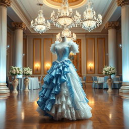 A stunning ballroom scene featuring an elegant costume designed in a blue and white color palette