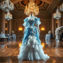 A stunning ballroom scene featuring an elegant costume designed in a blue and white color palette