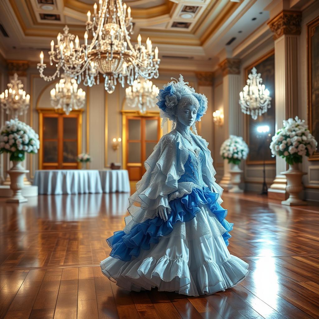 A stunning ballroom scene featuring an elegant costume designed in a blue and white color palette