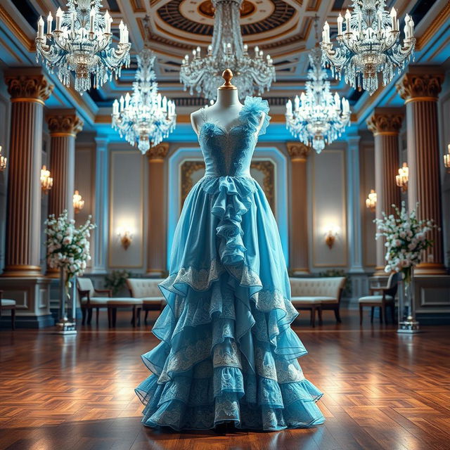 A stunning ballroom scene featuring an elegant costume designed in a blue and white color palette