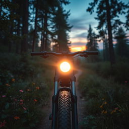 A dynamic scene showcasing a modern mountain bike riding through a lush green forest trail at twilight