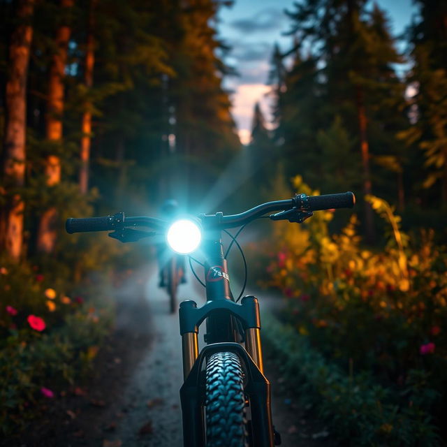 A dynamic scene showcasing a modern mountain bike riding through a lush green forest trail at twilight