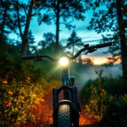 A dynamic scene showcasing a modern mountain bike riding through a lush green forest trail at twilight