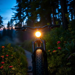 A dynamic scene showcasing a modern mountain bike riding through a lush green forest trail at twilight