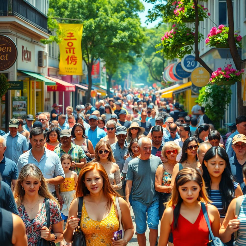 A busy street scene filled with a diverse group of people walking, chatting, and enjoying their day