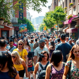 A busy street scene filled with a diverse group of people walking, chatting, and enjoying their day