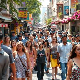A busy street scene filled with a diverse group of people walking, chatting, and enjoying their day