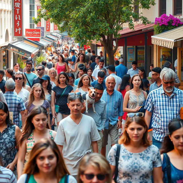 A busy street scene filled with a diverse group of people walking, chatting, and enjoying their day