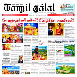 A vibrant Tamil newspaper front page featuring bold headlines, colorful images, and a captivating layout