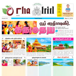 A vibrant Tamil newspaper front page featuring bold headlines, colorful images, and a captivating layout