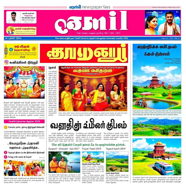 A vibrant Tamil newspaper front page featuring bold headlines, colorful images, and a captivating layout