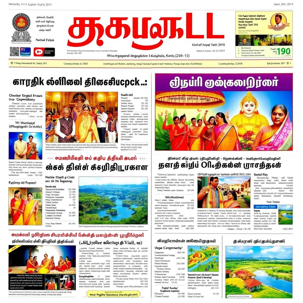 A vibrant Tamil newspaper front page featuring bold headlines, colorful images, and a captivating layout