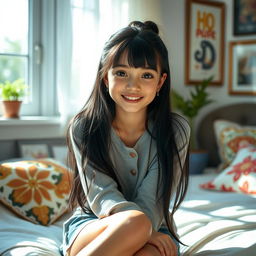 A beautiful sixteen-year-old girl with long, tied black hair, sitting gracefully in a cozy room filled with soft lighting and stylish decor