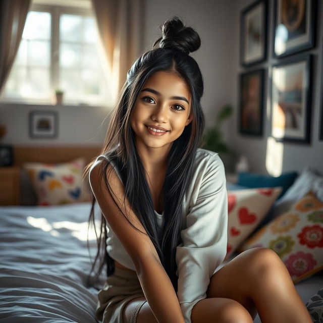 A beautiful sixteen-year-old girl with long, tied black hair, sitting gracefully in a cozy room filled with soft lighting and stylish decor