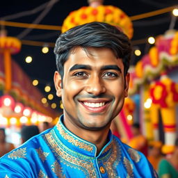 A vibrant portrait of a charismatic Indian man named Vijay, who is smiling joyfully