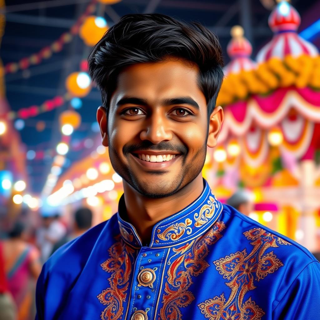 A vibrant portrait of a charismatic Indian man named Vijay, who is smiling joyfully