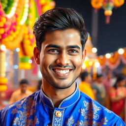 A vibrant portrait of a charismatic Indian man named Vijay, who is smiling joyfully