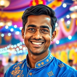A vibrant portrait of a charismatic Indian man named Vijay, who is smiling joyfully