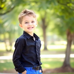 A casual portrait of a young boy wearing a stylish black shirt and vibrant blue trousers