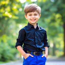 A casual portrait of a young boy wearing a stylish black shirt and vibrant blue trousers