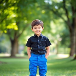 A casual portrait of a young boy wearing a stylish black shirt and vibrant blue trousers