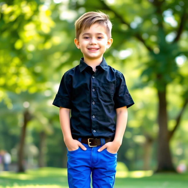 A casual portrait of a young boy wearing a stylish black shirt and vibrant blue trousers