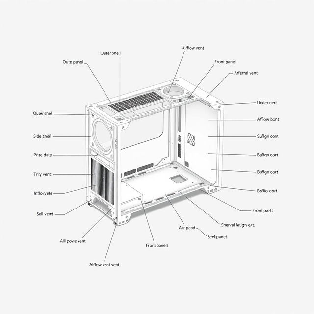 A detailed labeled diagram of a computer CPU casing, showcasing the outer shell, side panels, and front panel