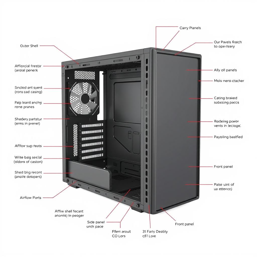 A detailed labeled diagram of a computer CPU casing, showcasing the outer shell, side panels, and front panel